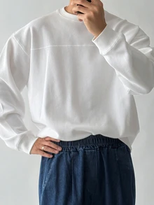 DAZY Spring/Autumn Solid White Waffle Texture Cuffed Sleeve Design Men's T-Shirt - White - View 3