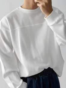 DAZY Spring/Autumn Solid White Waffle Texture Cuffed Sleeve Design Men's T-Shirt - White - View 5