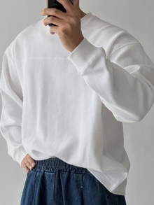 DAZY Spring/Autumn Solid White Waffle Texture Cuffed Sleeve Design Men's T-Shirt - White - View 2