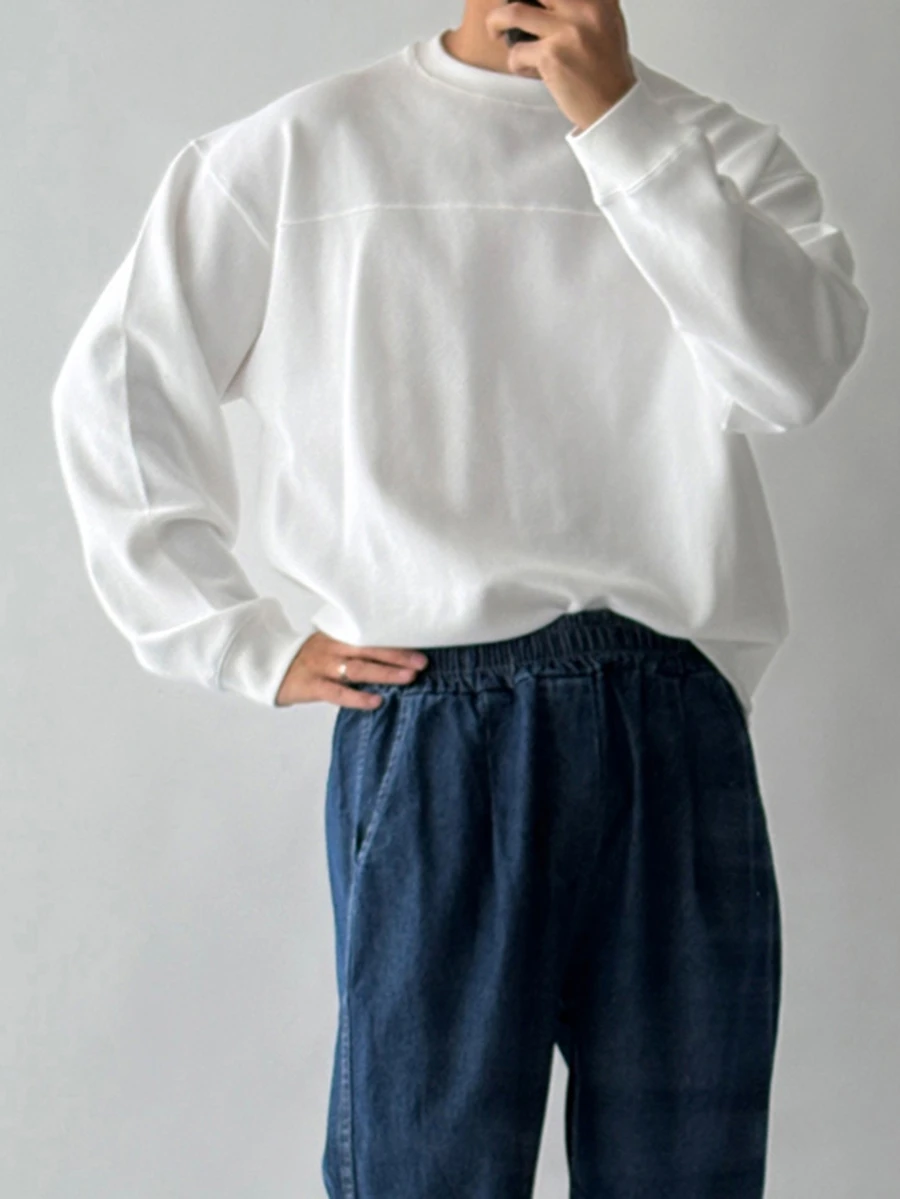 DAZY Spring/Autumn Solid White Waffle Texture Cuffed Sleeve Design Men's T-Shirt - White - View 1