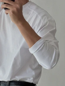 DAZY Spring/Autumn Long Sleeve White Solid Color Commuter Men's T-Shirt - White - View 4