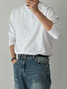 DAZY Spring/Autumn Long Sleeve White Solid Color Commuter Men's T-Shirt - White - View 6