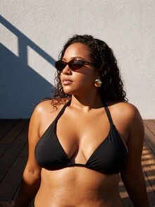 Slaydiva Summer Beach Plus Solid Halter Bikini Top - Black - View 5