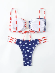 SHEIN Swim 女性海灘度假美國國旗印花比基尼套裝，隨機印花設計 - 彩色 - 查看 6