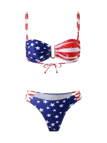 SHEIN Swim 女性海灘度假美國國旗印花比基尼套裝，隨機印花設計 - 彩色 - 查看 4