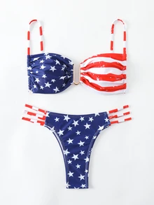 SHEIN Swim 女性海灘度假美國國旗印花比基尼套裝，隨機印花設計 - 彩色 - 查看 5
