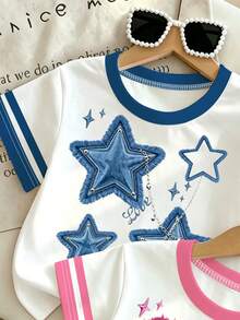 SHEIN 2pcs/Set Kaos Lengan Pendek Motif Bintang & Hati Minimalis untuk Anak Perempuan, Pakaian Musim Panas Kasual dan Serbaguna - MultiWarna - View 3