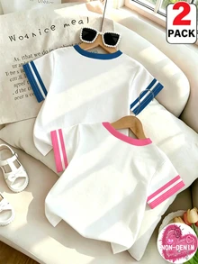 SHEIN 2pcs/Set Kaos Lengan Pendek Motif Bintang & Hati Minimalis untuk Anak Perempuan, Pakaian Musim Panas Kasual dan Serbaguna - MultiWarna - View 2