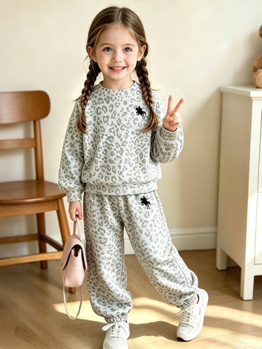 (1套) 秋冬幼童女款休閒時尚簡約小馬與豹紋印花圓領衛衣與運動長褲 - 彩色 - 查看 1