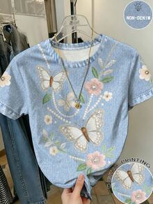 1pc Tween Girls Casual Fashion Exquisite Vintage Butterfly And Floral Print Short Sleeve Round Neck T-Shirt Summer Loose Soft Comfortable Top - Multicolor - View 3