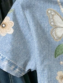 1pc Tween Girls Casual Fashion Exquisite Vintage Butterfly And Floral Print Short Sleeve Round Neck T-Shirt Summer Loose Soft Comfortable Top - Multicolor - View 5