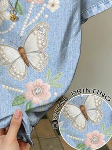 1pc Tween Girls Casual Fashion Exquisite Vintage Butterfly And Floral Print Short Sleeve Round Neck T-Shirt Summer Loose Soft Comfortable Top - Multicolor - View 6