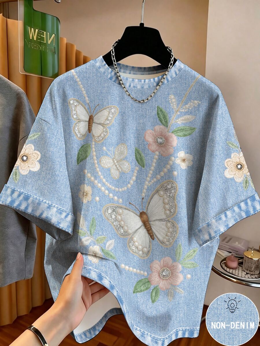 1pc Tween Girls Casual Fashion Exquisite Vintage Butterfly And Floral Print Short Sleeve Round Neck T-Shirt Summer Loose Soft Comfortable Top - Multicolor - View 1