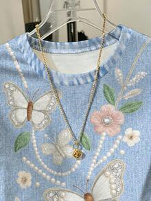 1pc Tween Girls Casual Fashion Exquisite Vintage Butterfly And Floral Print Short Sleeve Round Neck T-Shirt Summer Loose Soft Comfortable Top - Multicolor - View 4