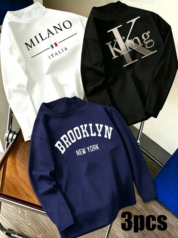 (3 Pcs) Autumn Boys Casual Fashion Minimalist New York Italy King Letter Graphic Basic Long Sleeve T-Shirt