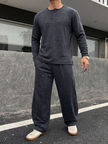 DAZY Deep Navy Blue Floral Grey Crew Neck Half-Button Long Sleeve T-Shirt With Long Pants Knit Tweed Fabric Men's T-Shirt Set Fall - Navy Blue - View 4