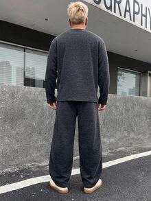 DAZY Deep Navy Blue Floral Grey Crew Neck Half-Button Long Sleeve T-Shirt With Long Pants Knit Tweed Fabric Men's T-Shirt Set Fall - Navy Blue - View 2