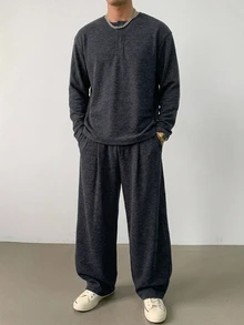 DAZY Deep Navy Blue Floral Grey Crew Neck Half-Button Long Sleeve T-Shirt With Long Pants Knit Tweed Fabric Men's T-Shirt Set Fall - Navy Blue - View 5