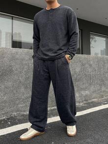 DAZY Deep Navy Blue Floral Grey Crew Neck Half-Button Long Sleeve T-Shirt With Long Pants Knit Tweed Fabric Men's T-Shirt Set Fall - Navy Blue - View 1