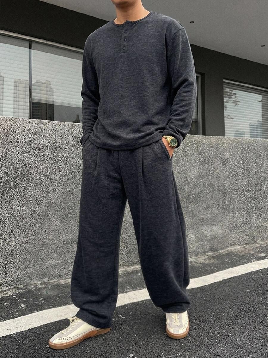 DAZY Deep Navy Blue Floral Grey Crew Neck Half-Button Long Sleeve T-Shirt With Long Pants Knit Tweed Fabric Men's T-Shirt Set Fall - Navy Blue - View 1