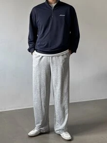 DAZY Spring/Autumn Navy Blue Letter Print Stand Collar Half-Zip Pullover Sweatshirt & Grey Elastic Waist Sweatpants Men's Set - Multicolor - View 4