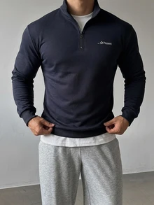 DAZY Spring/Autumn Navy Blue Letter Print Stand Collar Half-Zip Pullover Sweatshirt & Grey Elastic Waist Sweatpants Men's Set - Multicolor - View 3