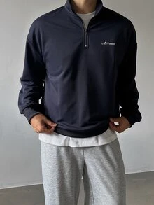 DAZY Spring/Autumn Navy Blue Letter Print Stand Collar Half-Zip Pullover Sweatshirt & Grey Elastic Waist Sweatpants Men's Set - Multicolor - View 5