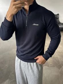 DAZY Spring/Autumn Navy Blue Letter Print Stand Collar Half-Zip Pullover Sweatshirt & Grey Elastic Waist Sweatpants Men's Set - Multicolor - View 6
