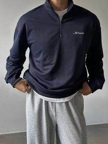 DAZY Spring/Autumn Navy Blue Letter Print Stand Collar Half-Zip Pullover Sweatshirt & Grey Elastic Waist Sweatpants Men's Set - Multicolor - View 1