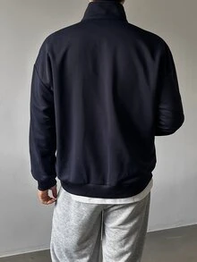 DAZY Spring/Autumn Navy Blue Letter Print Stand Collar Half-Zip Pullover Sweatshirt & Grey Elastic Waist Sweatpants Men's Set - Multicolor - View 2