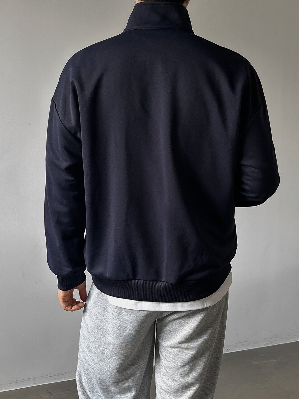 Spring/Autumn Navy Blue Letter Print Stand Collar Half-Zip Pullover Sweatshirt & Grey Elastic Waist Sweatpants Men's Set