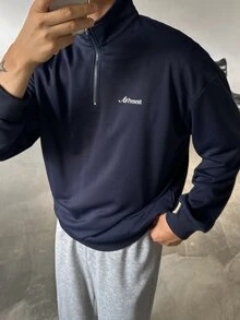 DAZY Spring/Autumn Navy Blue Letter Print Stand Collar Half-Zip Pullover Sweatshirt & Grey Elastic Waist Sweatpants Men's Set - Multicolor - View 7