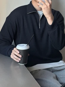 DAZY Spring/Autumn Navy Blue Half-Zip Pullover Sweatshirt With Lapel Collar And Ribbed Knit Texture Fabric For Men - Navy Blue - View 3