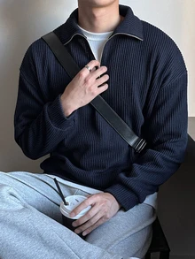 DAZY Spring/Autumn Navy Blue Half-Zip Pullover Sweatshirt With Lapel Collar And Ribbed Knit Texture Fabric For Men - Navy Blue - View 4