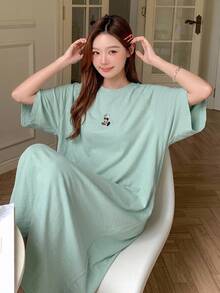 DAZY Raglan Sleeve Pattern Decorated Loose Fit Loungewear Dress - Green - View 4