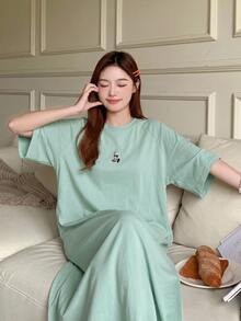 DAZY Raglan Sleeve Pattern Decorated Loose Fit Loungewear Dress - Green - View 5