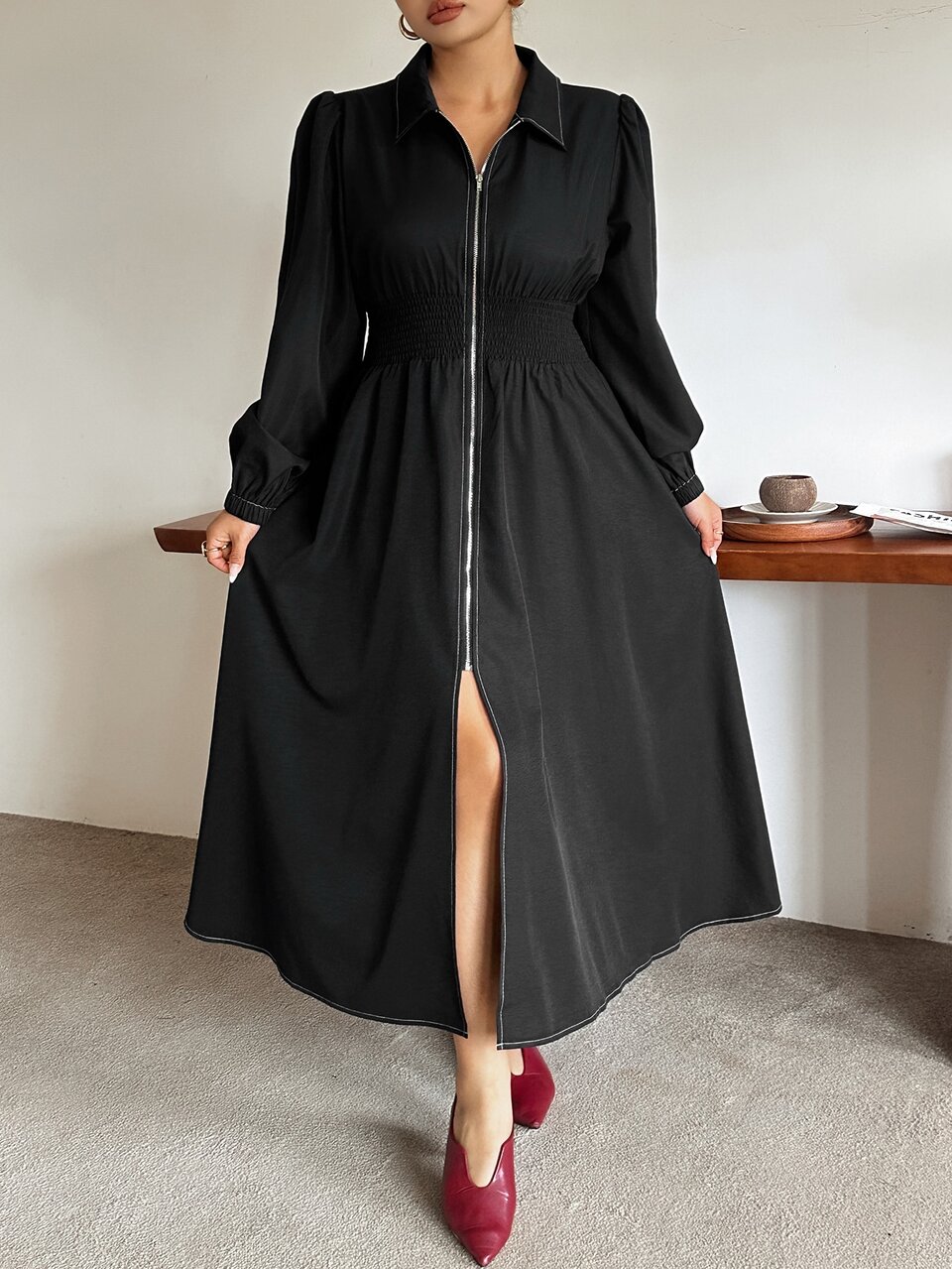Dazy Plus Solid Color Shirred Petal Sleeve Waist Gathered Slimming Casual Versatile Long Dress Fall