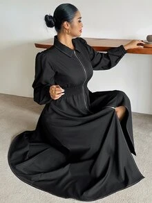 Dazy Plus Solid Color Shirred Petal Sleeve Waist Gathered Slimming Casual Versatile Long Dress Fall - Black - View 1