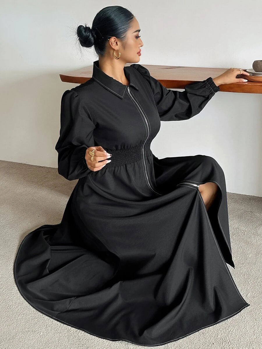 Dazy Plus Solid Color Shirred Petal Sleeve Waist Gathered Slimming Casual Versatile Long Dress Fall - Black - View 1