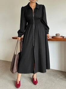 Dazy Plus Solid Color Shirred Petal Sleeve Waist Gathered Slimming Casual Versatile Long Dress Fall - Black - View 7