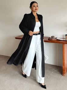 Dazy Plus Solid Color Shirred Petal Sleeve Waist Gathered Slimming Casual Versatile Long Dress Fall - Black - View 6