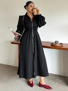 Dazy Plus Solid Color Shirred Petal Sleeve Waist Gathered Slimming Casual Versatile Long Dress Fall - Black - View 3