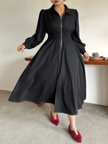 Dazy Plus Solid Color Shirred Petal Sleeve Waist Gathered Slimming Casual Versatile Long Dress Fall - Black - View 4