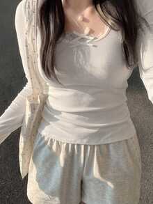 Dazy Plus Solid Color Contrast Lace Bow Decor Fitted Long Sleeve White Spring/Autumn T-Shirt - White - View 6