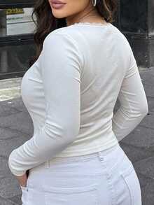 Dazy Plus Solid Color Contrast Lace Bow Decor Fitted Long Sleeve White Spring/Autumn T-Shirt - White - View 5