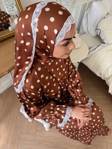 DAZY 女款波點蕾絲飾邊休閒居家睡裙 - 卡其色 - 查看 1
