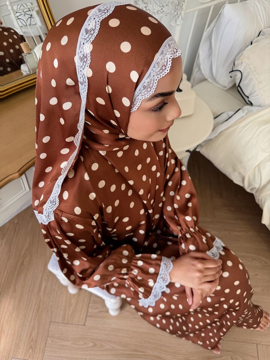 DAZY 女款波點蕾絲飾邊休閒居家睡裙 - 卡其色 - 查看 1