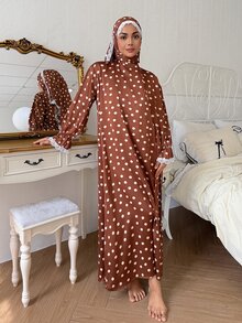 DAZY 女款波點蕾絲飾邊休閒居家睡裙 - 卡其色 - 查看 6