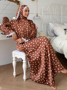 DAZY 女款波點蕾絲飾邊休閒居家睡裙 - 卡其色 - 查看 4