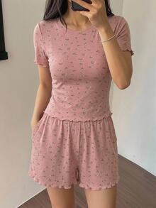 DAZY Ditsy Floral Lettuce Trim PJ Set - Pink - View 3